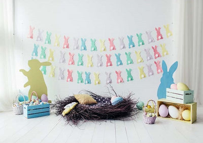 Easter backdrops with colorful eggs and rabbit-cheap vinyl backdrop fabric background photography