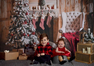 Christmas backdrop fireplace and gift stockings