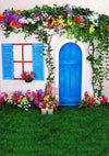 Blue door backdrop spring Easter background with lawn - whosedrop