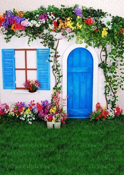 Blue door backdrop spring Easter background with lawn - whosedrop