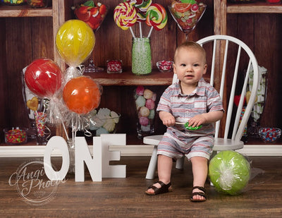 Colorful candies in jars on wooden shelves Easter backdrop-cheap vinyl backdrop fabric background photography