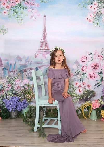 Oil painting flower backdrop with Eiffel tower-cheap vinyl backdrop fabric background photography