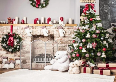 Christmas parlor fireplace with bear backdrop - whosedrop