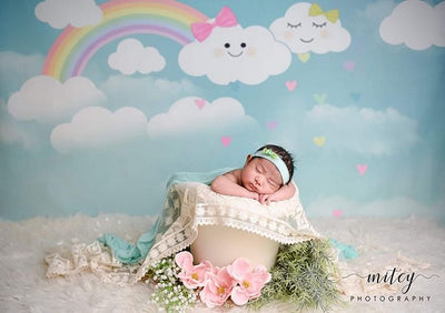 Baby girl birthday backdrop rainbow and clouds-cheap vinyl backdrop fabric background photography