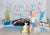 Easter backdrops with colorful eggs and rabbit