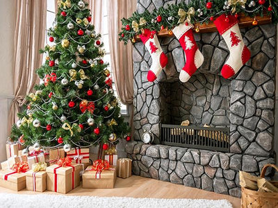 Christmas fireplace photography Backdrop Gift Box Sock - whosedrop