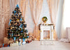 Golden curtain gift box and Christmas tree backdrop - whosedrop