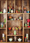 Colorful candies in jars on wooden shelves Easter backdrop-cheap vinyl backdrop fabric background photography