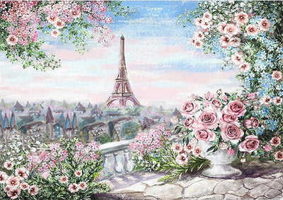 Oil painting flower backdrop with Eiffel tower-cheap vinyl backdrop fabric background photography