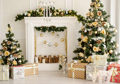 Christmas backdrop white fireplace and Christmas tree background-cheap vinyl backdrop fabric background photography